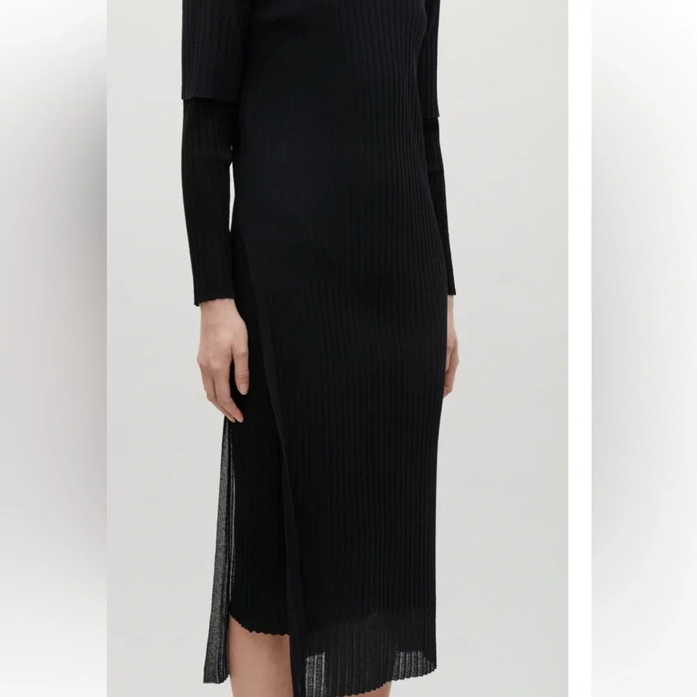 COS Black Ribbed Knit Midi Dress Long Sleeve Asymmetrical Hem Minimalist Size S - Picture 2 of 16